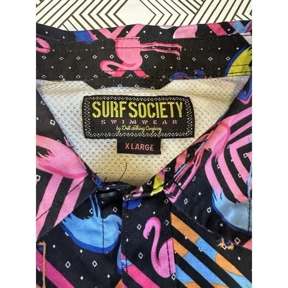 Surf Society Flamingo Shirt /Vibrant Print Against A Black Background Size XL